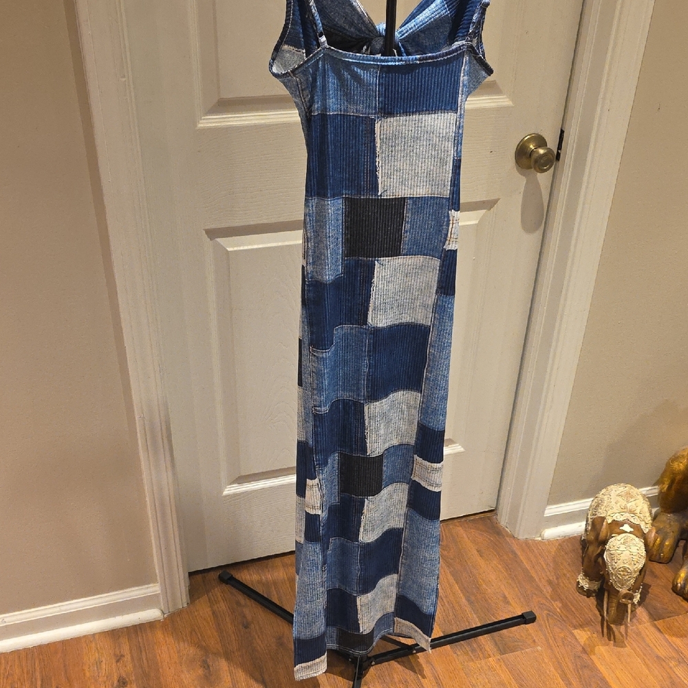 Source Unknown Blue and White Patchwork Maxi Dress - image 2